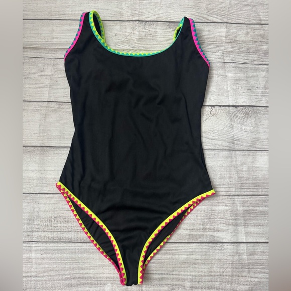 NEW L popvil Women's One Piece Swimsuit Bathing Suit Neon 1 Piece Black - Picture 4 of 6